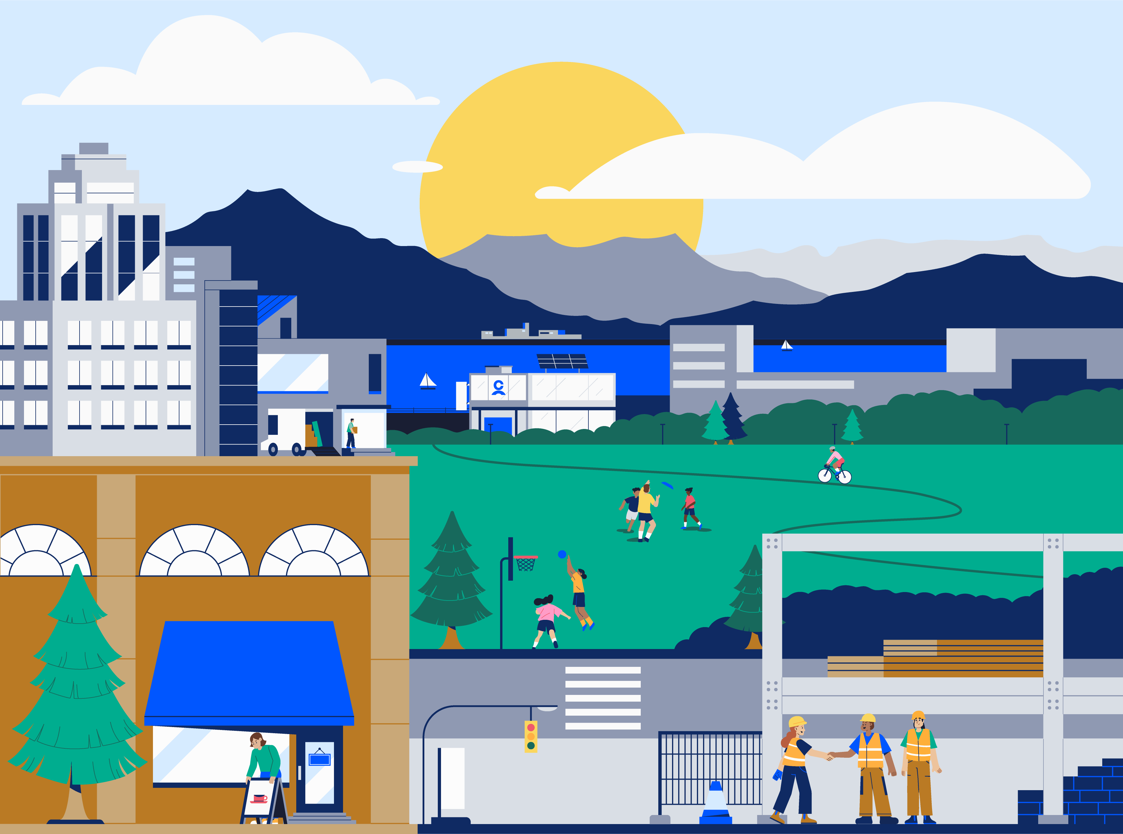 Illustration of a vibrant cityscape with mountains and a sunset, where people enjoy outdoor activities like biking and basketball, capturing the essence of coastal living that blends natural beauty with urban energy